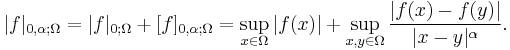 |f|_{0,\alpha;\Omega} = |f|_{0;\Omega} %2B [f]_{0,\alpha;\Omega} = \sup_{x\in\Omega} |f(x)| %2B \sup_{x,y\in \Omega} \frac{|f(x)-f(y)|}{|x-y|^\alpha}.