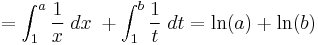 
=\int_1^{a} \frac{1}{x} \; dx \; %2B \int_1^{b} \frac{1}{t} \; dt 
= \ln (a) %2B \ln (b)
