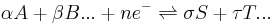 \alpha A %2B\beta B ... %2Bne^- \rightleftharpoons \sigma S%2B\tau T ...