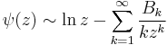 \psi(z) \sim  \ln z - \sum_{k=1}^{\infty}  \frac{B_{k}}{k z^k} 