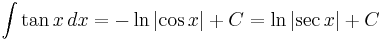 \int \tan{x} \, dx = -\ln{\left| \cos {x} \right|} %2B C = \ln{\left| \sec{x} \right|} %2B C