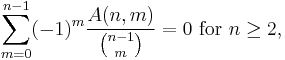 \sum_{m=0}^{n-1}(-1)^m\frac{A(n,m)}{\binom{n-1}{m}}=0 \text{ for }n \ge 2,