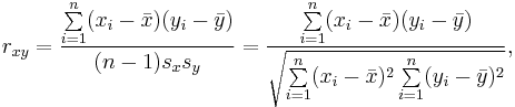 
r_{xy}=\frac{\sum\limits_{i=1}^n (x_i-\bar{x})(y_i-\bar{y})}{(n-1) s_x s_y}
      =\frac{\sum\limits_{i=1}^n (x_i-\bar{x})(y_i-\bar{y})}
            {\sqrt{\sum\limits_{i=1}^n (x_i-\bar{x})^2 \sum\limits_{i=1}^n (y_i-\bar{y})^2}},
