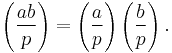 
\left(\frac{ab}{p}\right) = \left(\frac{a}{p}\right)\left(\frac{b}{p}\right).
