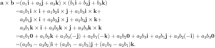  \begin{align}
\mathbf{a} \times \mathbf{b} =& (a_1\mathbf{i} %2B a_2\mathbf{j} %2B a_3\mathbf{k}) \times(b_1\mathbf{i} %2B b_2\mathbf{j} %2B b_3\mathbf{k}) \\
= &a_1b_1\mathbf{i} \times \mathbf{i} %2B a_1b_2\mathbf{i} \times \mathbf{j} %2B a_1b_3\mathbf{i} \times \mathbf{k} %2B\\
 &a_2b_1\mathbf{j} \times \mathbf{i} %2B a_2b_2\mathbf{j} \times \mathbf{j} %2B a_2b_3\mathbf{j} \times \mathbf{k} %2B\\
 &a_3b_1\mathbf{k} \times \mathbf{i} %2B a_3b_2\mathbf{k} \times \mathbf{j} %2B a_3b_3\mathbf{k} \times \mathbf{k} \\
=& a_1b_1\mathbf{0} %2B a_1b_2\mathbf{k} %2B a_1b_3(-\mathbf{j}) %2B a_2b_1(-\mathbf{k}) %2B a_2b_2\mathbf{0} %2B a_2b_3\mathbf{i} %2B a_3b_1\mathbf{j} %2B a_3b_2(-\mathbf{i}) %2B a_3b_3\mathbf{0} \\
=& (a_2b_3 - a_3b_2) \mathbf{i} %2B (a_3b_1 - a_1b_3) \mathbf{j} %2B (a_1b_2 - a_2b_1) \mathbf{k}. \\
\end{align}