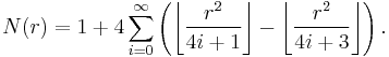 N(r)=1%2B4\sum_{i=0}^\infty \left(\left\lfloor\frac{r^2}{4i%2B1}\right\rfloor-\left\lfloor\frac{r^2}{4i%2B3}\right\rfloor\right).