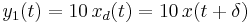 y_1(t) = 10 \,x_d(t) = 10 \,x(t %2B \delta)