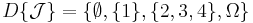 D\{\mathcal J\}=\{\emptyset,\{1\},\{2,3,4\},\Omega\}