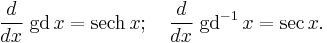 \frac{d}{dx}\;\mathrm{gd}\,x=\mathrm{sech}\, x;
\quad \frac{d}{dx}\;\operatorname{gd}^{-1}\,x=\sec x.