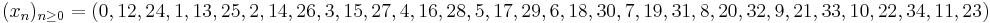 (x_n)_{n\geq 0}=(0, 12, 24, 1, 13, 25, 2, 14, 26, 3, 15, 27, 4, 16, 28, 5, 17, 29, 6, 18, 30, 7, 19, 31, 8, 20, 32, 9, 21, 33, 10, 22, 34, 11, 23)