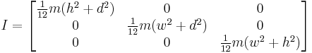 
I =
\begin{bmatrix}
  \frac{1}{12} m (h^2 %2B d^2) & 0 & 0 \\
  0 & \frac{1}{12} m (w^2 %2B d^2) & 0 \\ 
  0 & 0 & \frac{1}{12} m (w^2 %2B h^2)
\end{bmatrix}
