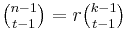 \tbinom{n-1}{t-1}=r\tbinom{k-1}{t-1}