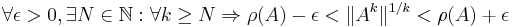 \forall \epsilon>0, \exists N\in\mathbb{N}: \forall k\geq N \Rightarrow \rho(A)-\epsilon < \|A^k\|^{1/k} < \rho(A)%2B\epsilon