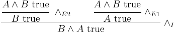 
 \cfrac{\cfrac{A \wedge B\hbox{ true}}{B\hbox{ true}}\ \wedge_{E2} 
 \qquad
 \cfrac{A \wedge B\hbox{ true}}{A\hbox{ true}}\ \wedge_{E1}}
 {B \wedge A\hbox{ true}}\ \wedge_I
