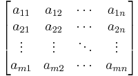 
\begin{bmatrix}
a_{11} & a_{12} & \cdots & a_{1n} \\
a_{21} & a_{22} & \cdots & a_{2n} \\
\vdots & \vdots & \ddots & \vdots \\
a_{m1} & a_{m2} & \cdots & a_{mn} \end{bmatrix}
