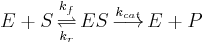 
E %2B S \, \overset{k_f}\underset{k_r} \rightleftharpoons \, ES \, \overset{k_{cat}} {\longrightarrow} \, E %2B P
