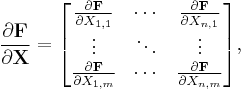 \frac{\partial\mathbf{F}} {\partial\mathbf{X}}=
\begin{bmatrix}
\frac{\partial\mathbf{F}}{\partial X_{1,1}} & \cdots & \frac{\partial \mathbf{F}}{\partial X_{n,1}}\\
\vdots & \ddots & \vdots\\
\frac{\partial\mathbf{F}}{\partial X_{1,m}} & \cdots & \frac{\partial \mathbf{F}}{\partial X_{n,m}}\\
\end{bmatrix},
