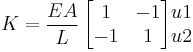 

K = 	\frac{EA}{L}
\begin{align}

\begin{bmatrix}
 1 & -1 \\
-1 & 1 \\
\end{bmatrix}

\begin{matrix}
u1 \\
u2 \\
\end{matrix}
\end{align}
