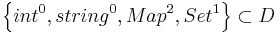 \left\{int^0, string^0, Map^2, Set^1\right\} \subset D