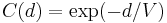 
C(d) = \exp(-d/V)
