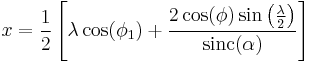 x = \frac{1}{2}\left[\lambda \cos(\phi_1) %2B \frac{2 \cos(\phi)\sin\left(\frac{\lambda}{2}\right)}{\mathrm{sinc}(\alpha)}\right]