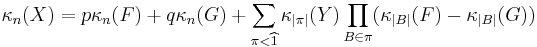 \kappa_n(X)=p\kappa_n(F)%2Bq\kappa_n(G)%2B\sum_{\pi<\widehat{1}} \kappa_{\left|\pi\right|}(Y)\prod_{B\in\pi}
(\kappa_{\left|B\right|}(F)-\kappa_{\left|B\right|}(G))