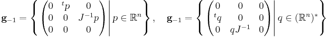 
\mathbf{g}_{-1} = \left\{\left.
\begin{pmatrix}
0&^tp&0\\
0&0&J^{-1}p\\
0&0&0
\end{pmatrix}\right| p\in\mathbb{R}^n\right\},\quad 
\mathbf{g}_{-1} = \left\{\left.
\begin{pmatrix}
0&0&0\\
^tq&0&0\\
0&qJ^{-1}&0
\end{pmatrix}\right| q\in(\mathbb{R}^n)^*\right\}
