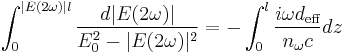 \int_0^{|E(2\omega)|l}{\frac{d|E(2\omega)|}{E_0^2-|E(2\omega)|^2}}=-\int_0^l{\frac{i\omega d_{\text{eff}}}{n_\omega c}dz}