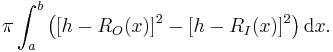 \pi \int_a^b \left({\left[h-R_O(x)\right]}^2 - {\left[h-R_I(x)\right]}^2\right) \mathrm{d}x.