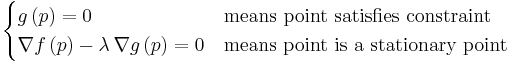 \begin{cases}
   g\left( p \right)=0 & \text{means point satisfies constraint}  \\
   \nabla f\left( p \right)-\lambda \, \nabla g\left( p \right) = 0 & \text{means point is a stationary point}
\end{cases}
