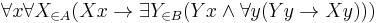 \forall x \forall X_{\in A} (Xx \rightarrow \exists Y_{\in B} (Yx \and \forall y (Yy \rightarrow Xy)))