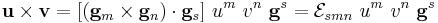 
  \mathbf{u}\times\mathbf{v} = [(\mathbf{g}_m\times\mathbf{g}_n)\cdot\mathbf{g}_s]~u^m~v^n~\mathbf{g}^s
    = \mathcal{E}_{smn}~u^m~v^n~\mathbf{g}^s
 