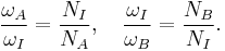  \frac{\omega_A}{\omega_I} = \frac{N_I}{N_A}, \quad \frac{\omega_I}{\omega_B} =  \frac{N_B}{N_I}.