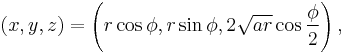 (x,y,z) = \left(r\cos\phi,r\sin\phi,2\sqrt{ar}\cos\frac{\phi}{2}\right),