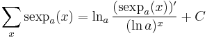 \sum _x \operatorname{sexp}_a (x) = \ln_a \frac{(\operatorname{sexp}_a (x))'}{(\ln a)^x} %2B C \,