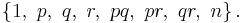 \left\{ 1, \ p, \ q, \ r, \ pq, \ pr, \ qr, \ n \right\}.