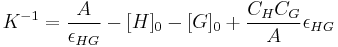 K^{-1}=\frac{A}{\epsilon_{HG}} - [H]_0 - [G]_0 %2B \frac{C_HC_G}{A}\epsilon_{HG}