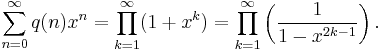 \sum_{n=0}^\infty q(n)x^n = \prod_{k=1}^\infty (1%2Bx^k) = \prod_{k=1}^\infty \left(\frac {1}{1-x^{2k-1}} \right).