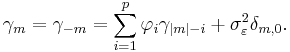 \gamma_m = \gamma_{-m} = \sum_{i=1}^p \varphi_i \gamma_{|m|-i} %2B \sigma_\varepsilon^2 \delta_{m,0}.