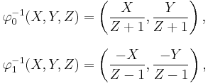 
\begin{align}
\varphi_0^{-1}(X,Y,Z)&=\left(\frac{X}{Z%2B1}, \frac{Y}{Z%2B1}\right), \\[8pt]
\varphi_1^{-1}(X,Y,Z)&=\left(\frac{-X}{Z-1}, \frac{-Y}{Z-1}\right),
\end{align}
