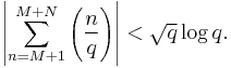  \left| \sum_{n=M%2B1}^{M%2BN} \left( \frac{n}{q} \right) \right| < \sqrt q \log q.