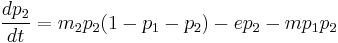  \frac{dp_2}{dt} = m_2 p_2 (1 - p_1 - p_2) - e p_2 - m p_1 p_2 