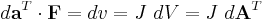 
   d\mathbf{a}^{T} \cdot \mathbf{F} = dv = J~dV = J~d\mathbf{A}^{T}
\,\!