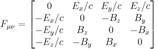 F_{\mu\nu} = \begin{bmatrix}
0 & E_x/c & E_y/c & E_z/c \\
-E_x/c & 0 & -B_z & B_y \\
-E_y/c & B_z & 0 & -B_x \\
-E_z/c & -B_y & B_x & 0
\end{bmatrix}
