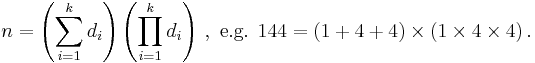 n=\left(\sum_{i=1}^{k}{d_i}\right) \left(\prod_{i=1}^{k}{d_i}\right) \, ,\text{ e.g. } 144 = (1%2B4%2B4) \times (1 \times4 \times 4) \, .