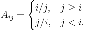 A_{ij} =
\begin{cases}
i/j, & j\ge i \\
j/i, & j<i.
\end{cases}
