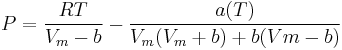 P=\frac{RT}{V_m-b}-\frac{a(T)}{V_m(V_m%2Bb)%2Bb(Vm-b)}