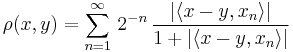 \rho(x,y)=\sum_{n=1}^\infty \, 2^{-n} \, \frac{|\langle x-y, x_n\rangle|}{1 %2B |\langle x-y, x_n\rangle|}