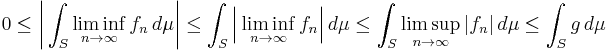 0\le\biggl|\int_S \liminf_{n\to\infty} f_n\,d\mu\biggr|
\le\int_S \Bigl|\liminf_{n\to\infty} f_n\Bigr|\,d\mu
\le\int_S \limsup_{n\to\infty} |f_n|\,d\mu
\le\int_S g\,d\mu