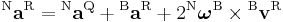  {}^\mathrm{N}\mathbf{a}^\mathrm{R} = {}^\mathrm{N}\mathbf{a}^\mathrm{Q} %2B {}^\mathrm{B}\mathbf{a}^\mathrm{R} %2B 2 {}^\mathrm{N}\boldsymbol{\omega}^\mathrm{B} \times {}^\mathrm{B}\mathbf{v}^\mathrm{R} 